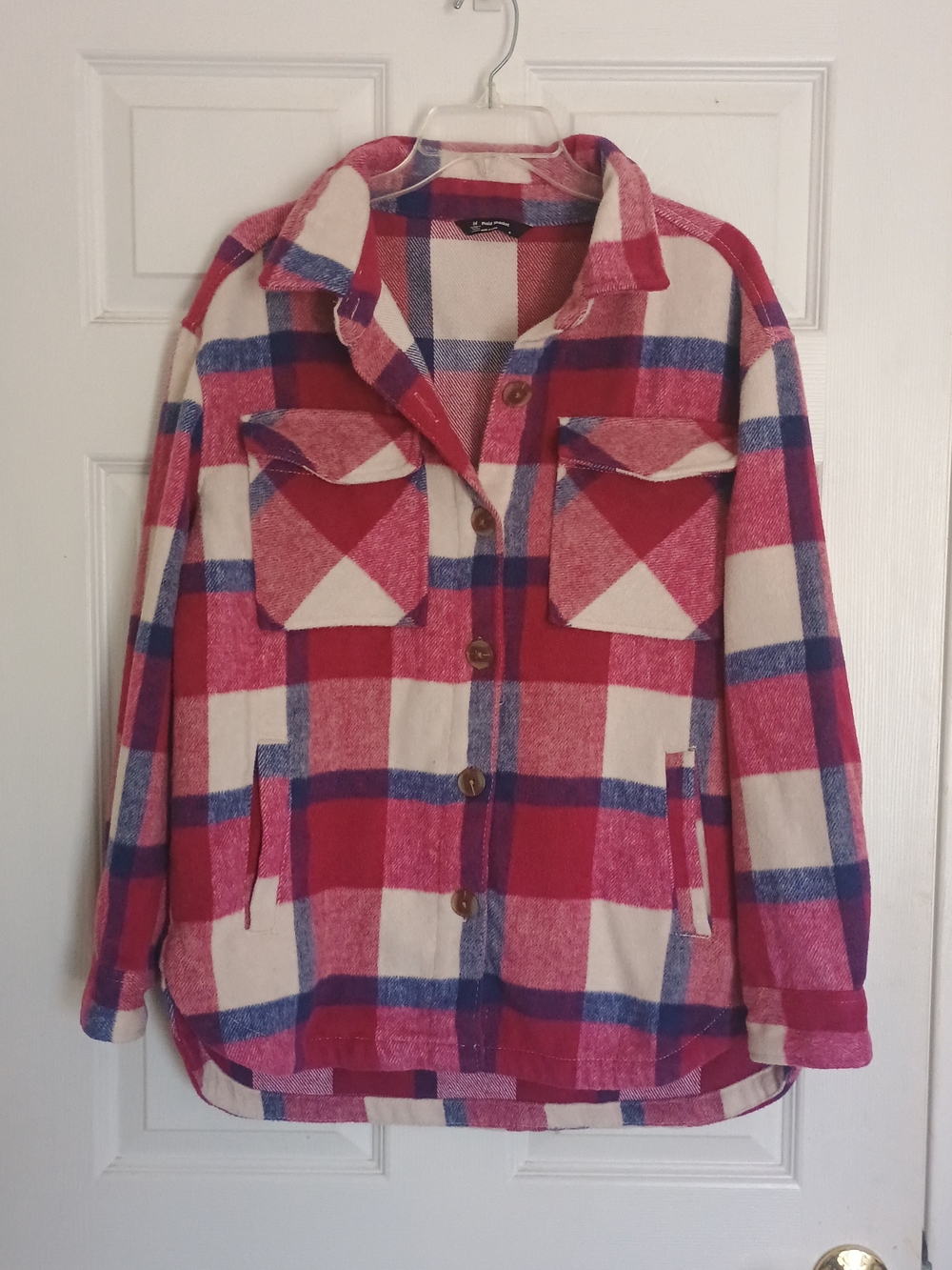 EUC Members Mark Plaid Button-Front Shacket Jacket Pink/Blue/White Size M